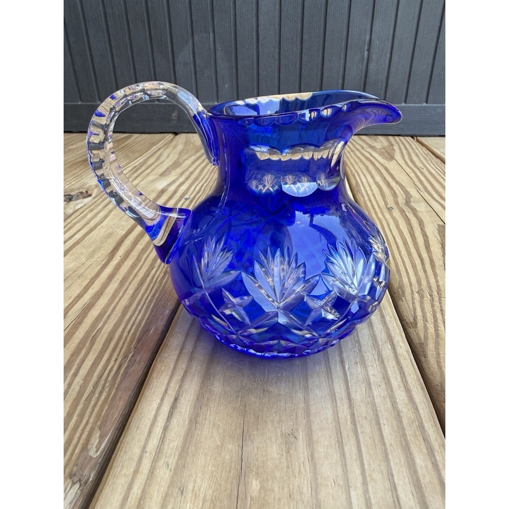 Vintage Bohemian Cobalt Blue Cut To Clear MCM Atomic Starburst Vase Pitcher 5"